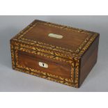 A Victorian rosewood rectangular work box with parquetry & mother-o’-pearl inlay, the hinged lid