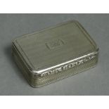 A William IV silver rectangular snuff box, engine-turned & with reeded sides, carved scroll thumb-