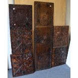 A South American hardwood rectangular panel with chip-carved geometrtic design, 65" x 18.5"; & five