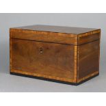 A 19th century inlaid mahogany tea caddy with all-over satinwood crossbanding, the hinged lid