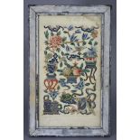 A late 18th/early 19th century Chinese silk embroidery panel, finely worked in various coloured