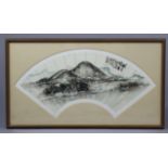 A Chinese monochrome watercolour painting on fan leaf, of a mountainous river landscape, inscribed