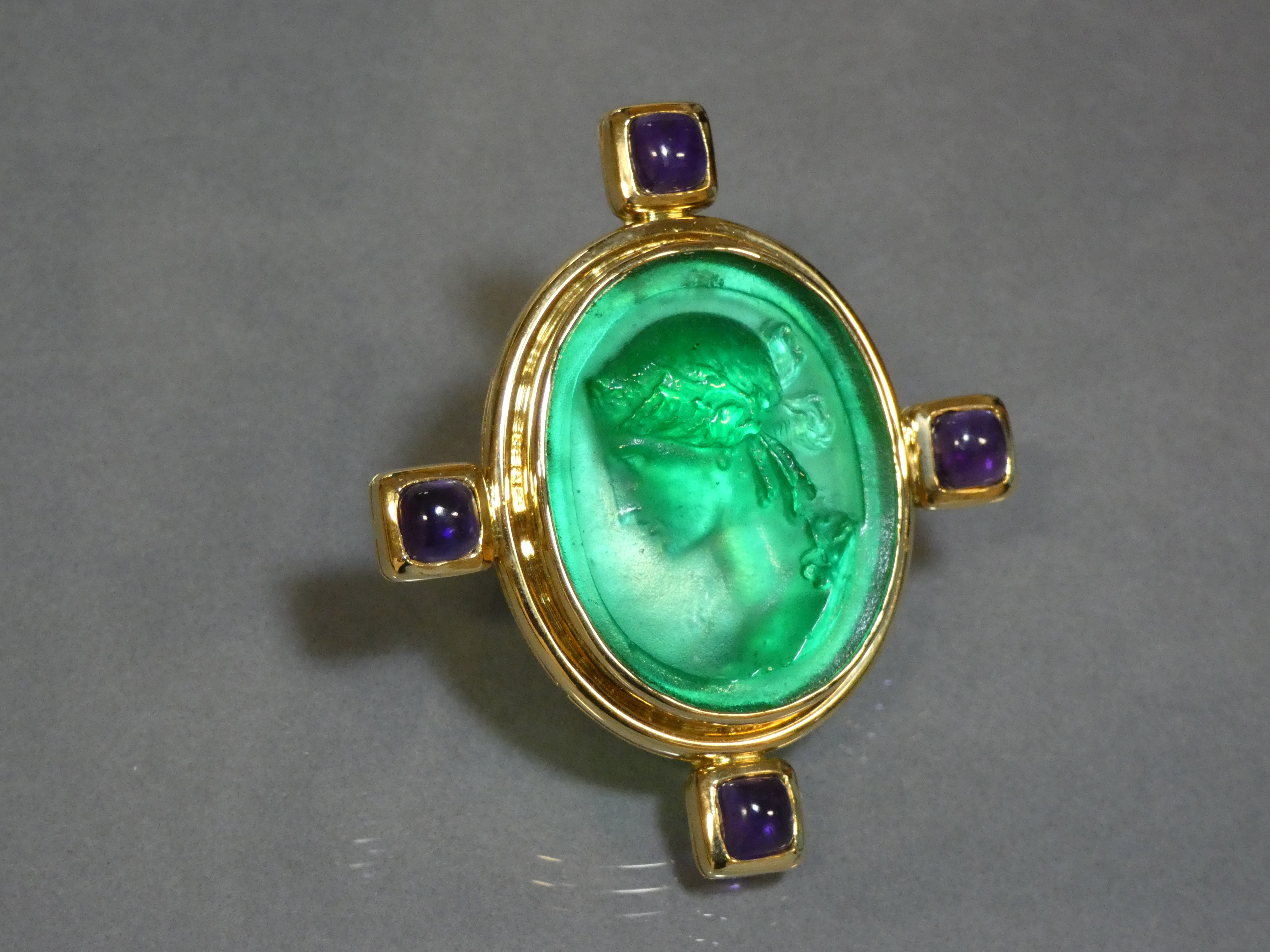 An Elizabeth Locke 18K brooch set oval Venetian green glass cameo of a classical female bust, four - Image 2 of 4