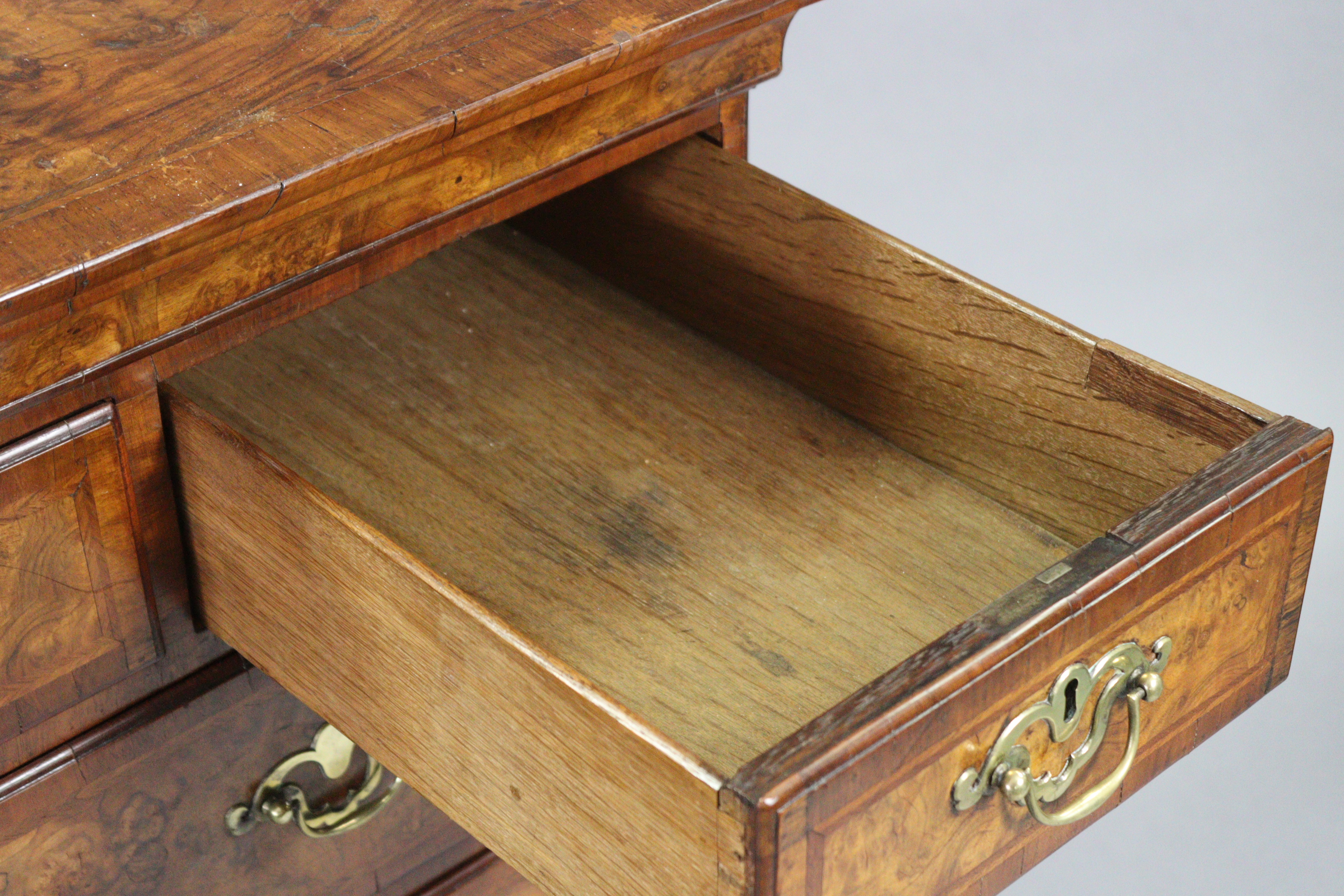 An 18th century burr-walnut & feather-banded chest, with cavetto cornice & canted corners, fitted - Image 3 of 5