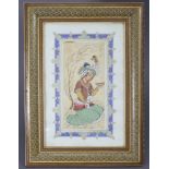 A Persian miniature painting by H. Ali Sajjadi depicting a male figure holding a hookah & a bowl,