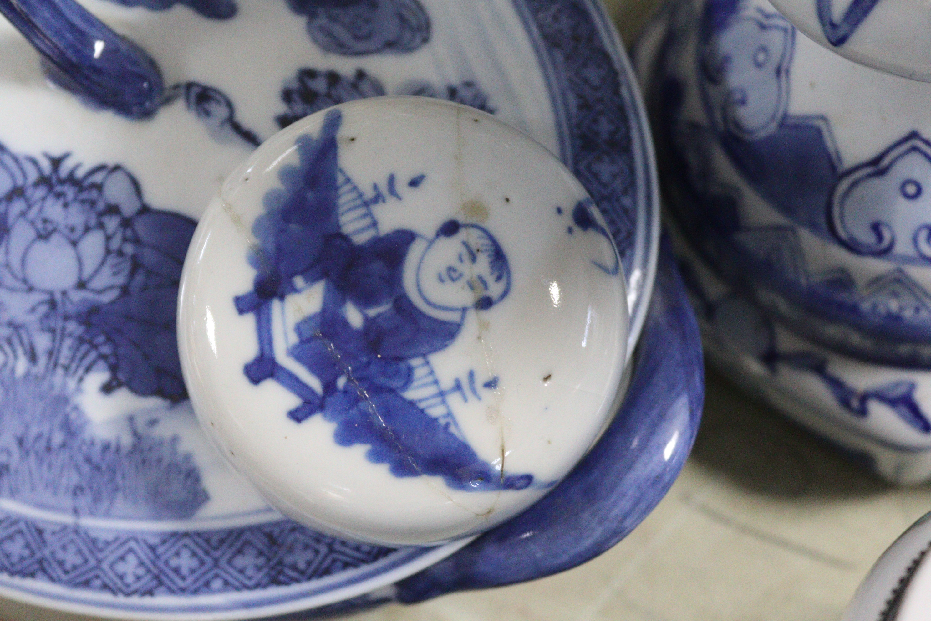 A Chinese pottery oval two-handled vegetable tureen with blue & white floral decoration, 10” wide; a - Image 8 of 16