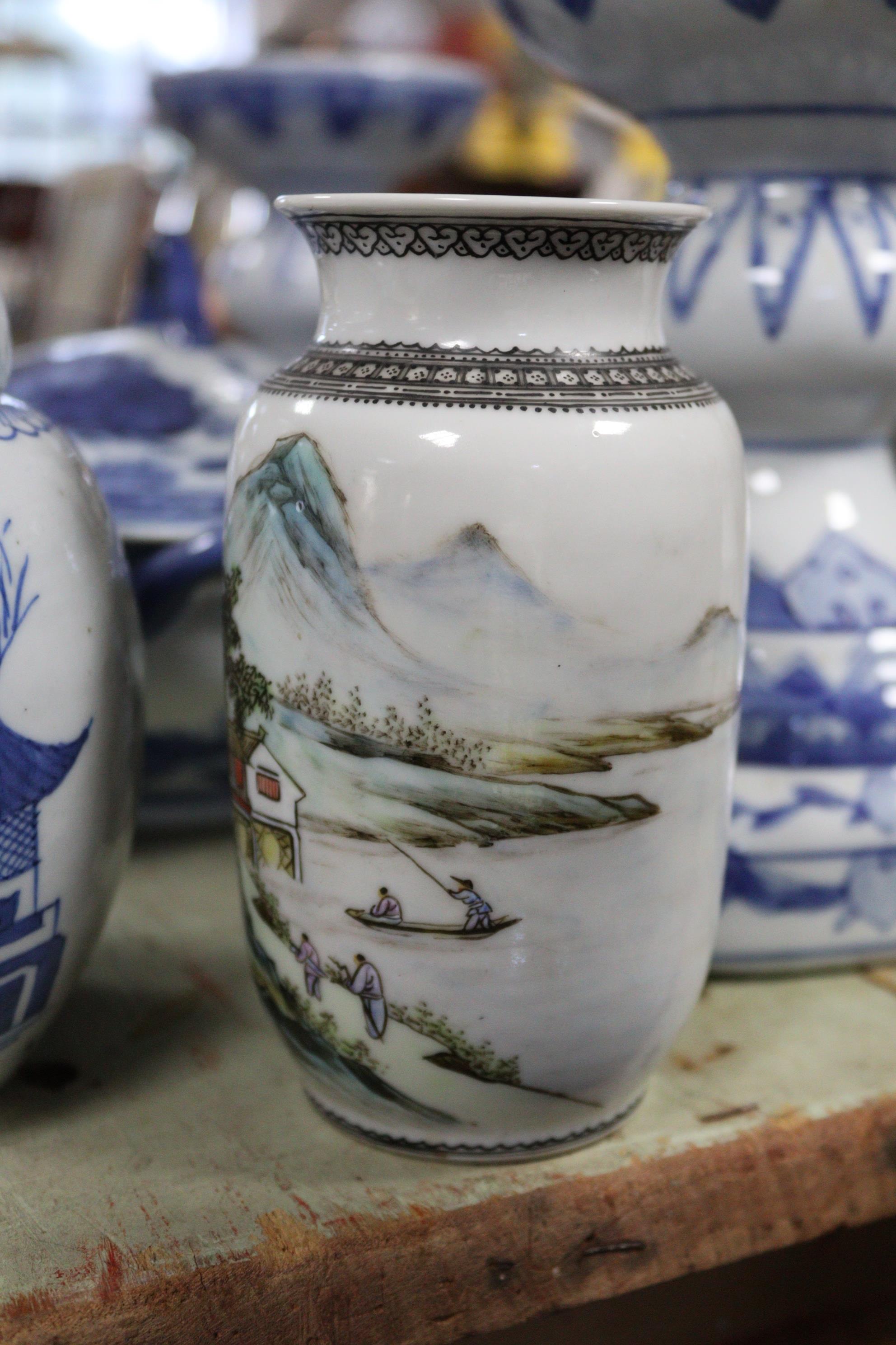 A Chinese pottery oval two-handled vegetable tureen with blue & white floral decoration, 10” wide; a - Image 3 of 16