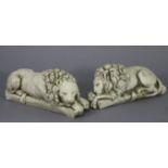 A pair of composition models of recumbent lions, each on rectangular block base, 12” wide x 5½” high