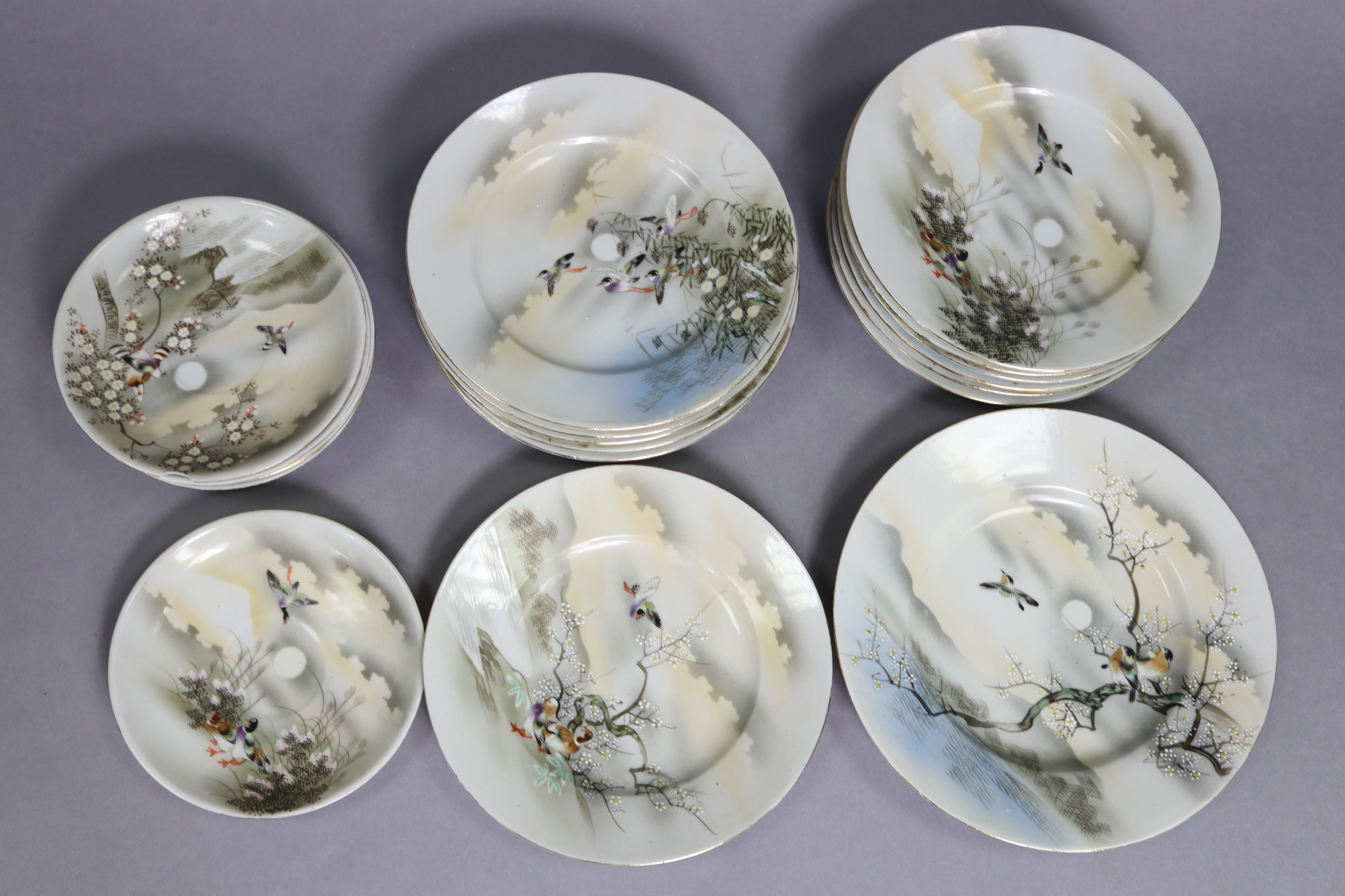 A Japanese egg-shell twenty-eight piece part tea service of white ground, & with multi-coloured - Image 11 of 12