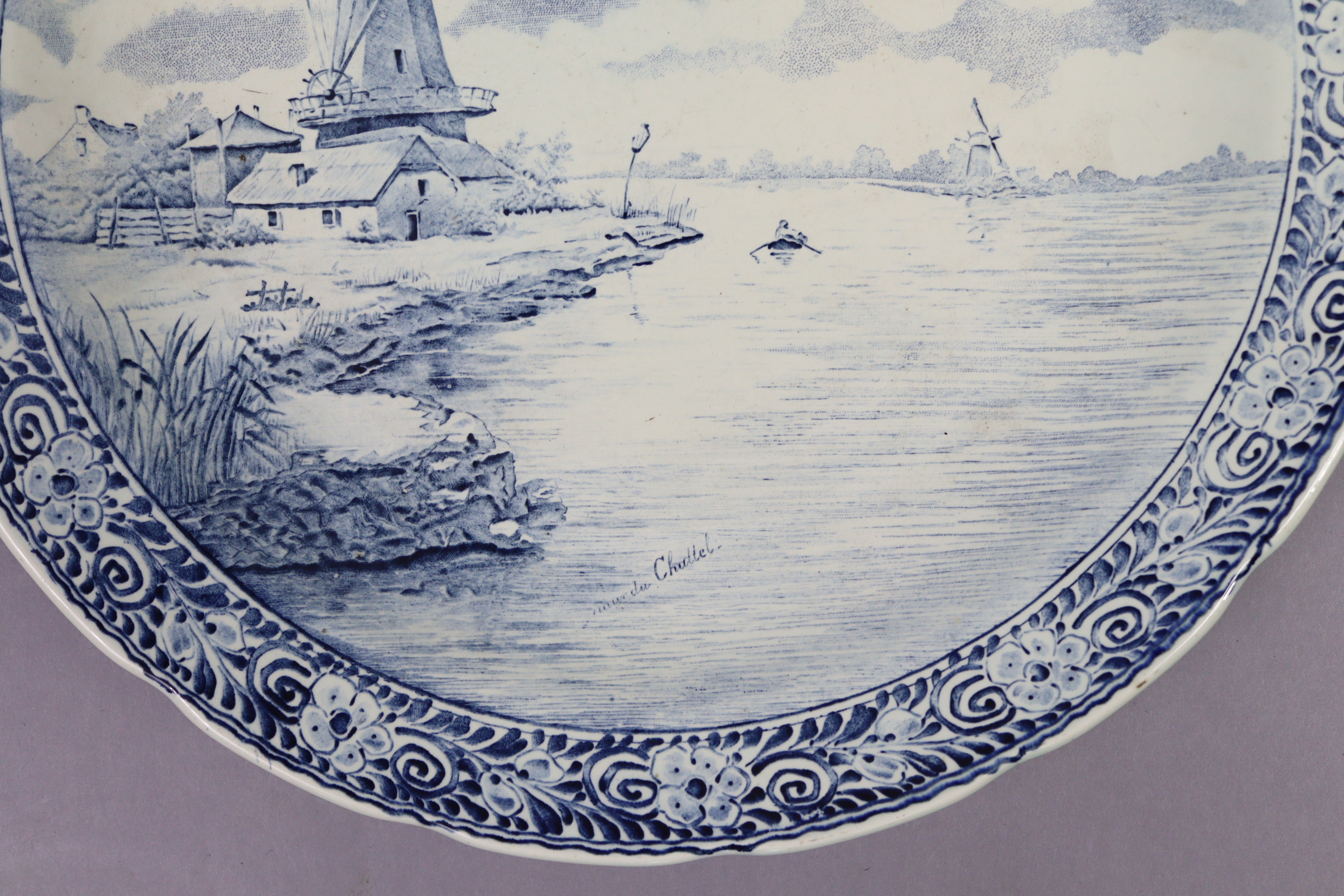 A Delft pottery blue & white charger with river scene decoration having windmill to the foreground & - Image 2 of 3