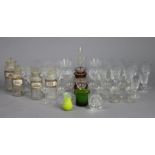 Four glass apothecary jars; together with various drinking vessels, etc.