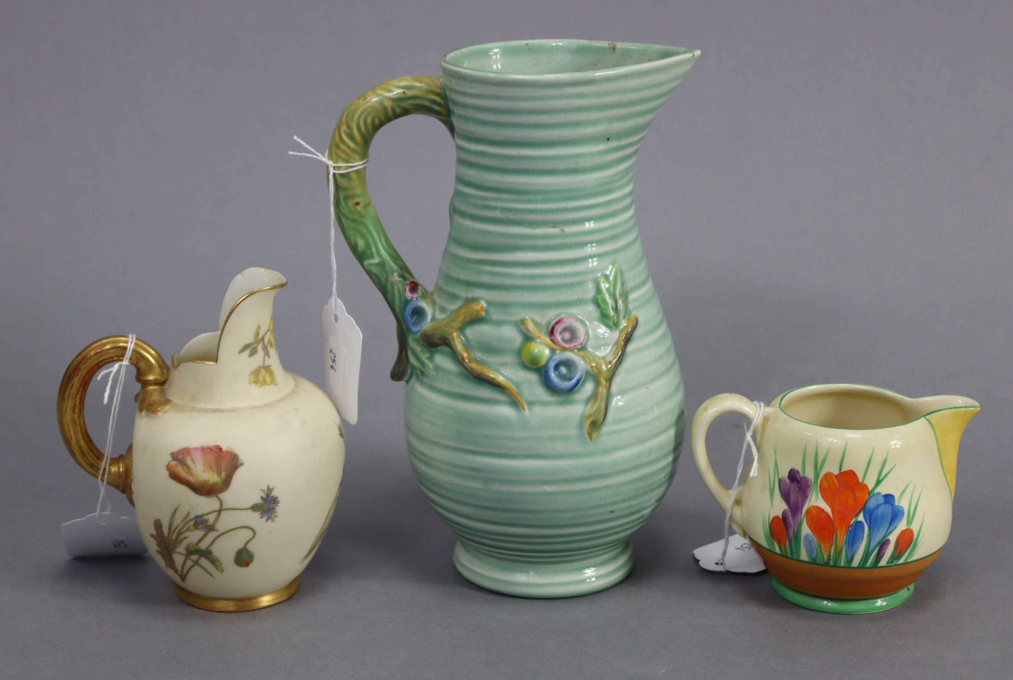A Royal Worcester porcelain jug of blush ground & with bright-coloured floral decoration, 5¼” - Image 2 of 5