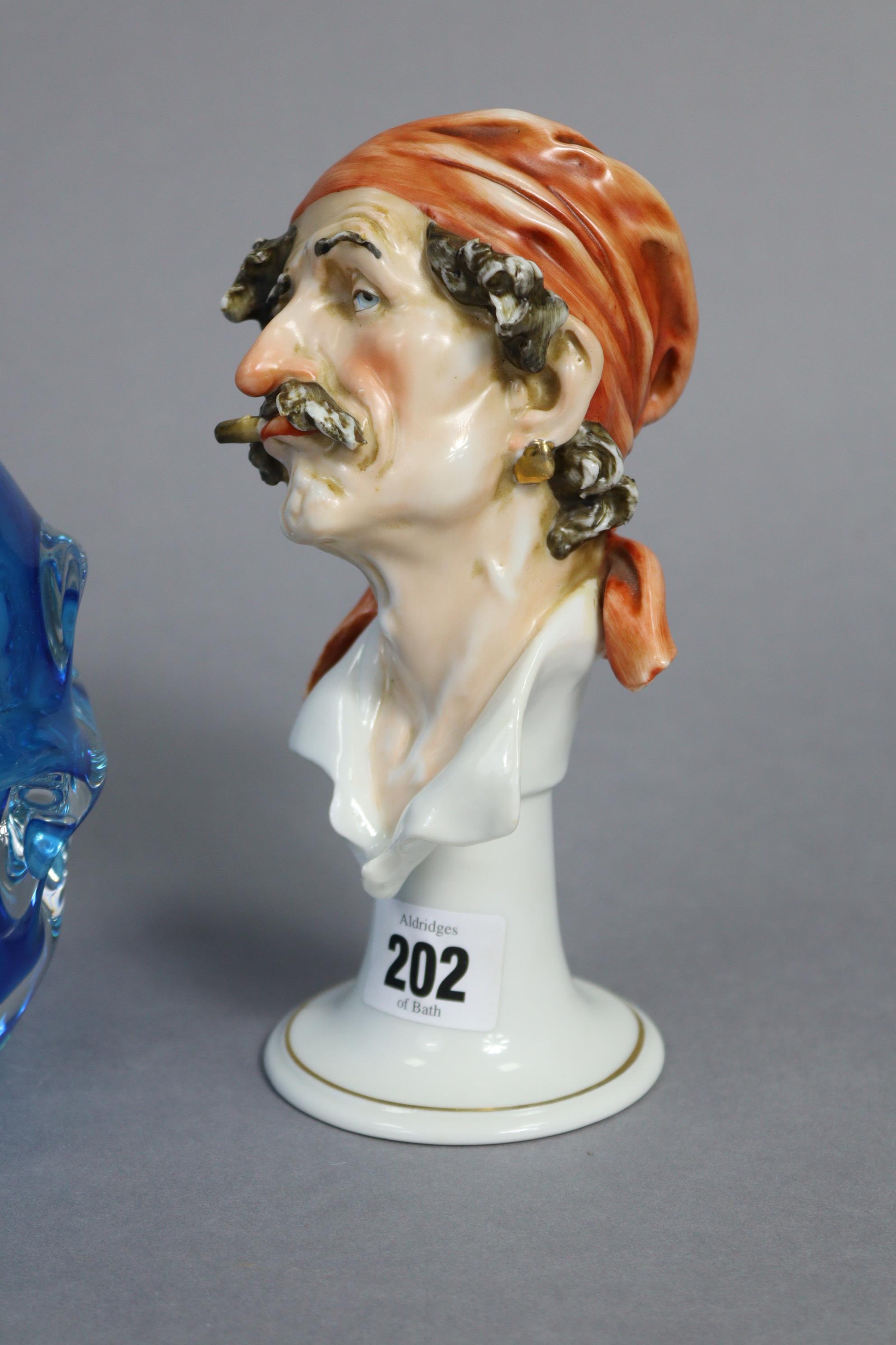 A continental porcelain ornament in the form of a male bust wearing a headscarf & puffing on a - Image 3 of 7