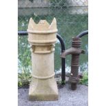 A reconstituted-stone chimney pot, 34” high, w.a.f.; & a cast-iron garden water pump (incomplete),