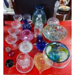 Two heavy cut-glass decanters; together with two art-glass vases; & various other items of