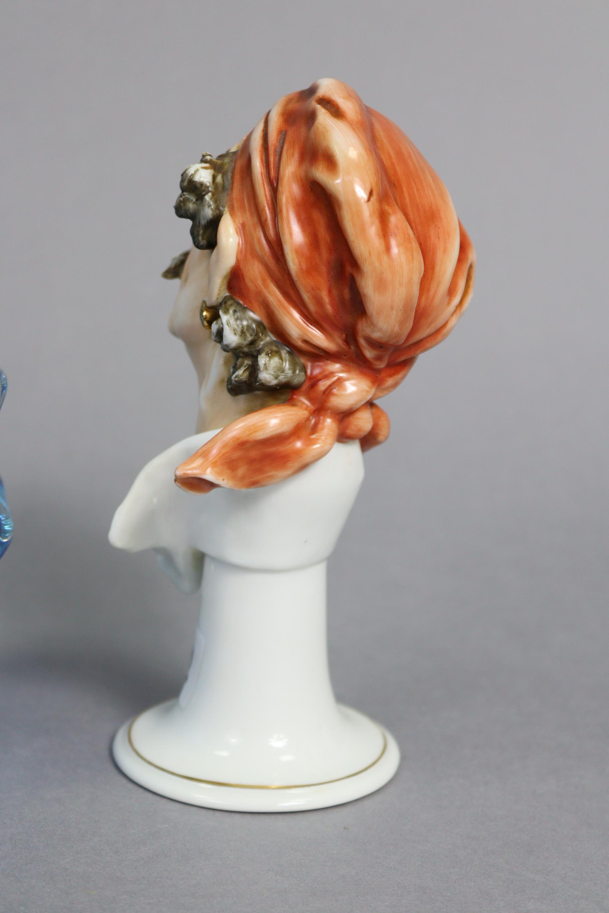 A continental porcelain ornament in the form of a male bust wearing a headscarf & puffing on a - Image 4 of 7