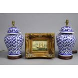 A facsimilie painting depicting a sailing vessel, 4½” x 6½”, in gilt frame; & a pair of blue & white