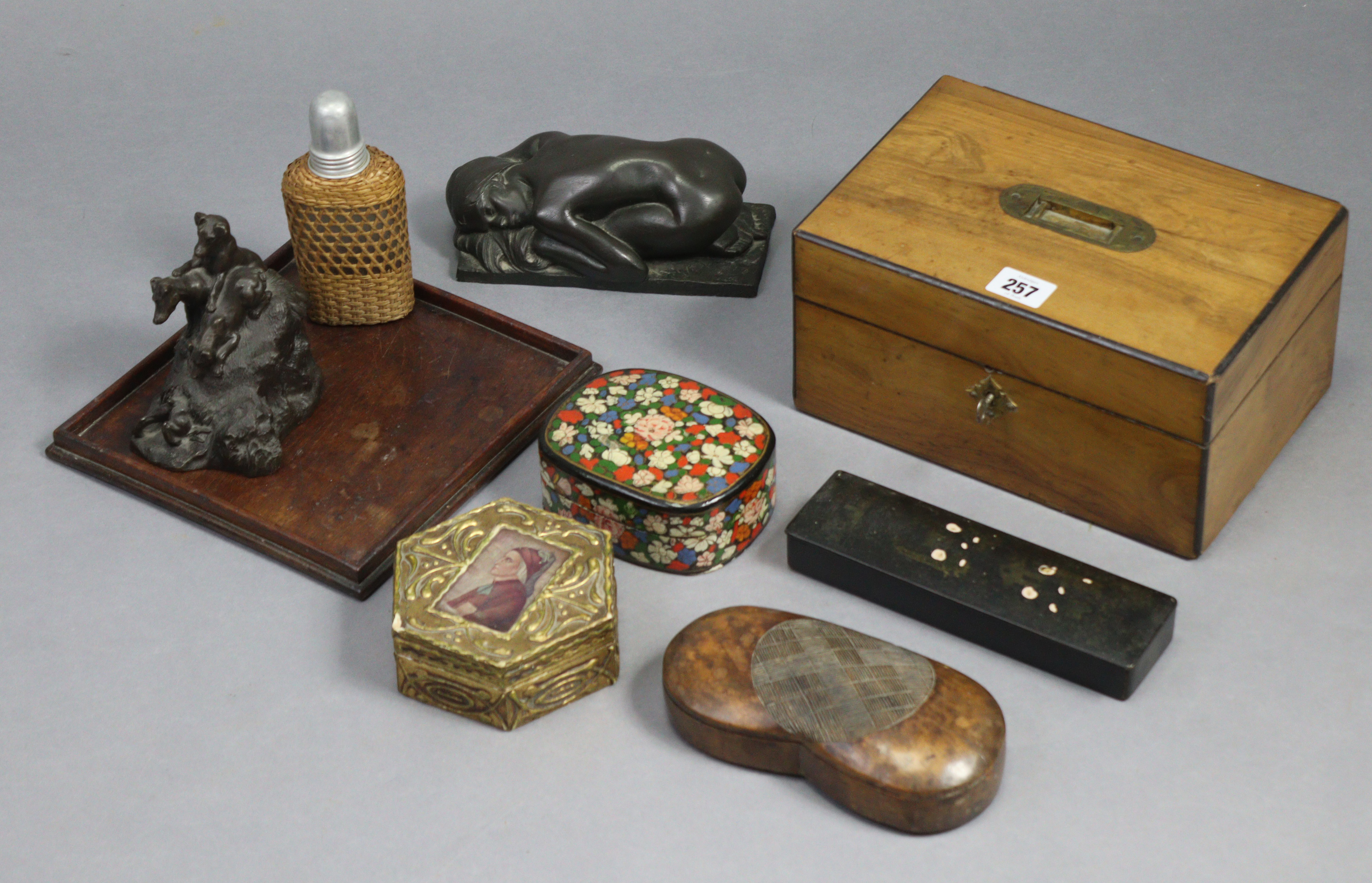 A 19th century walnut trinket box with fitted interior, 9¾” wide; together with four other trinket