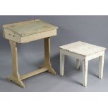A pine sloping-front child’s school desk on square supports, 24” wide x 29½” high; & a white painted