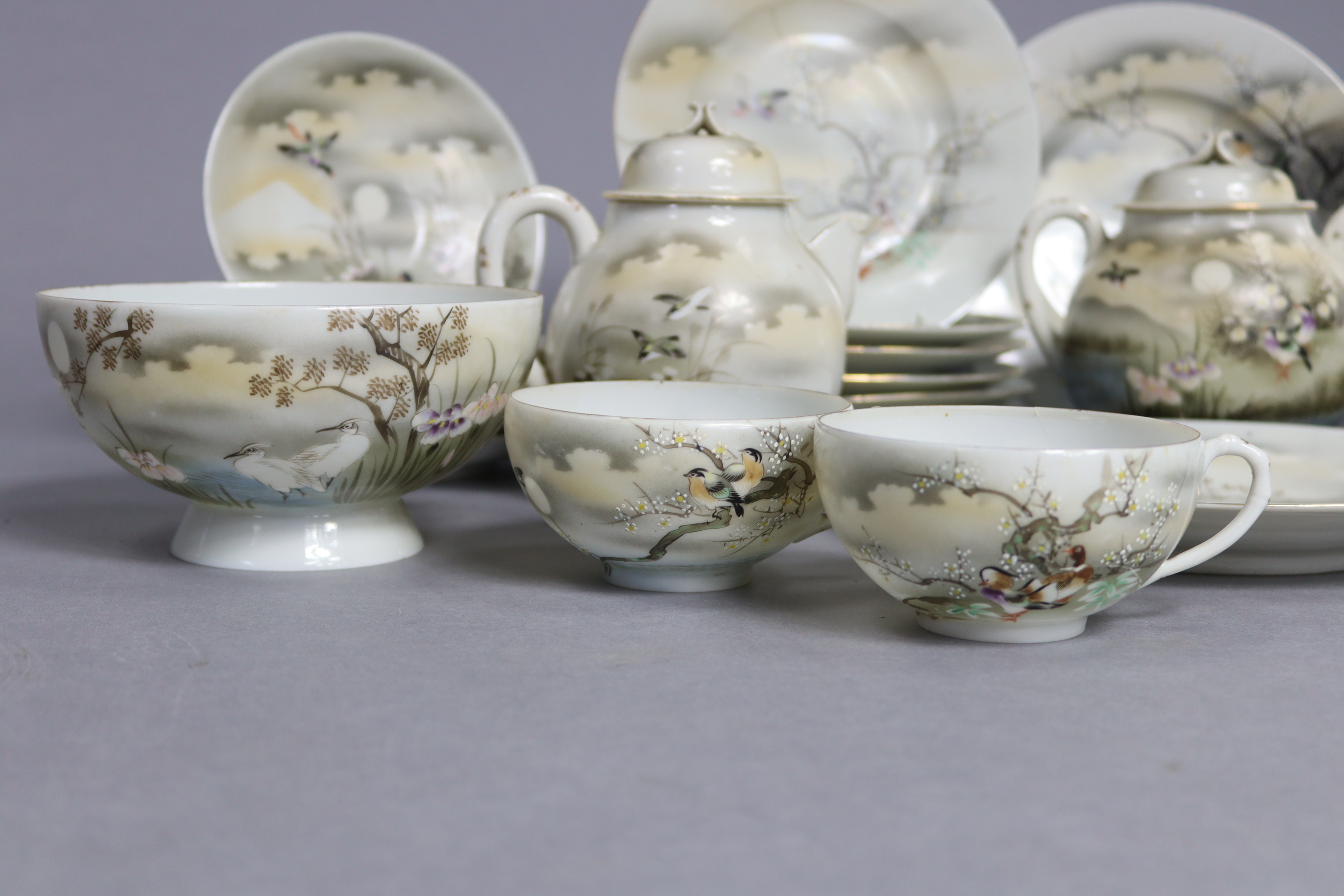 A Japanese egg-shell twenty-eight piece part tea service of white ground, & with multi-coloured - Image 2 of 12