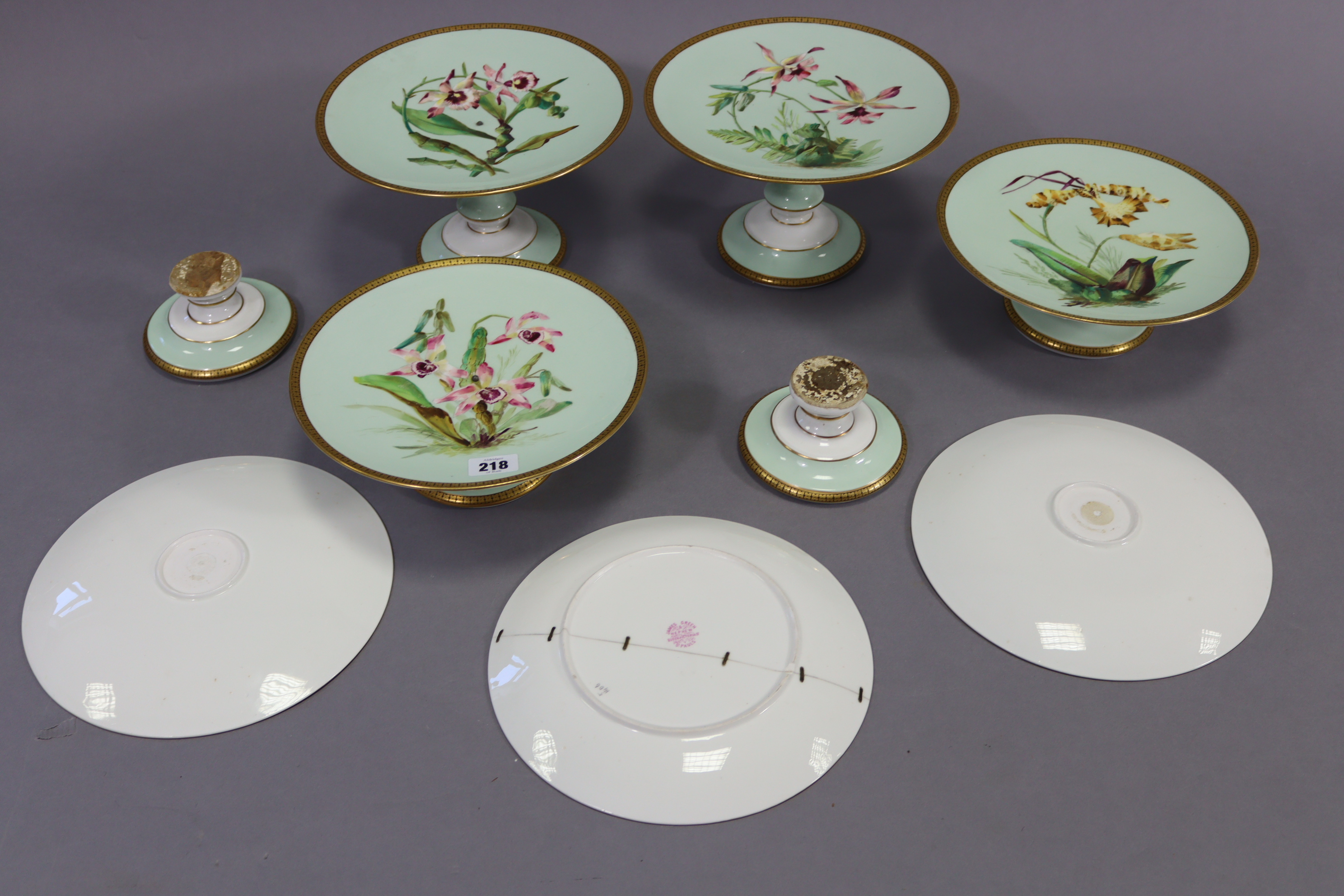 A late 19th century seven-piece part china dessert service comprising of two tall comports, four low - Image 3 of 3