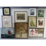 Various decorative paintings & prints; & two gilt frame rectangular wall mirrors.