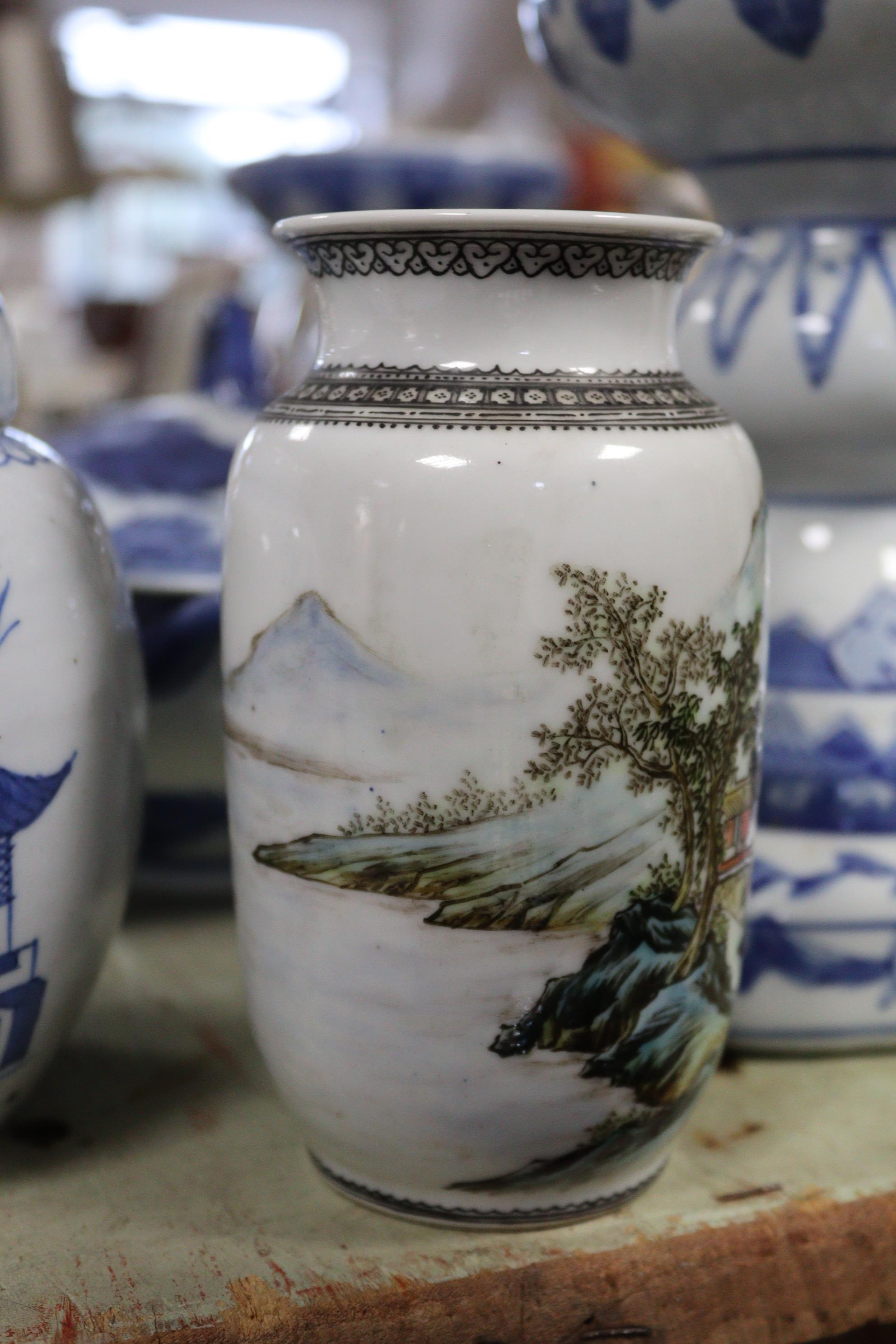 A Chinese pottery oval two-handled vegetable tureen with blue & white floral decoration, 10” wide; a - Image 5 of 16