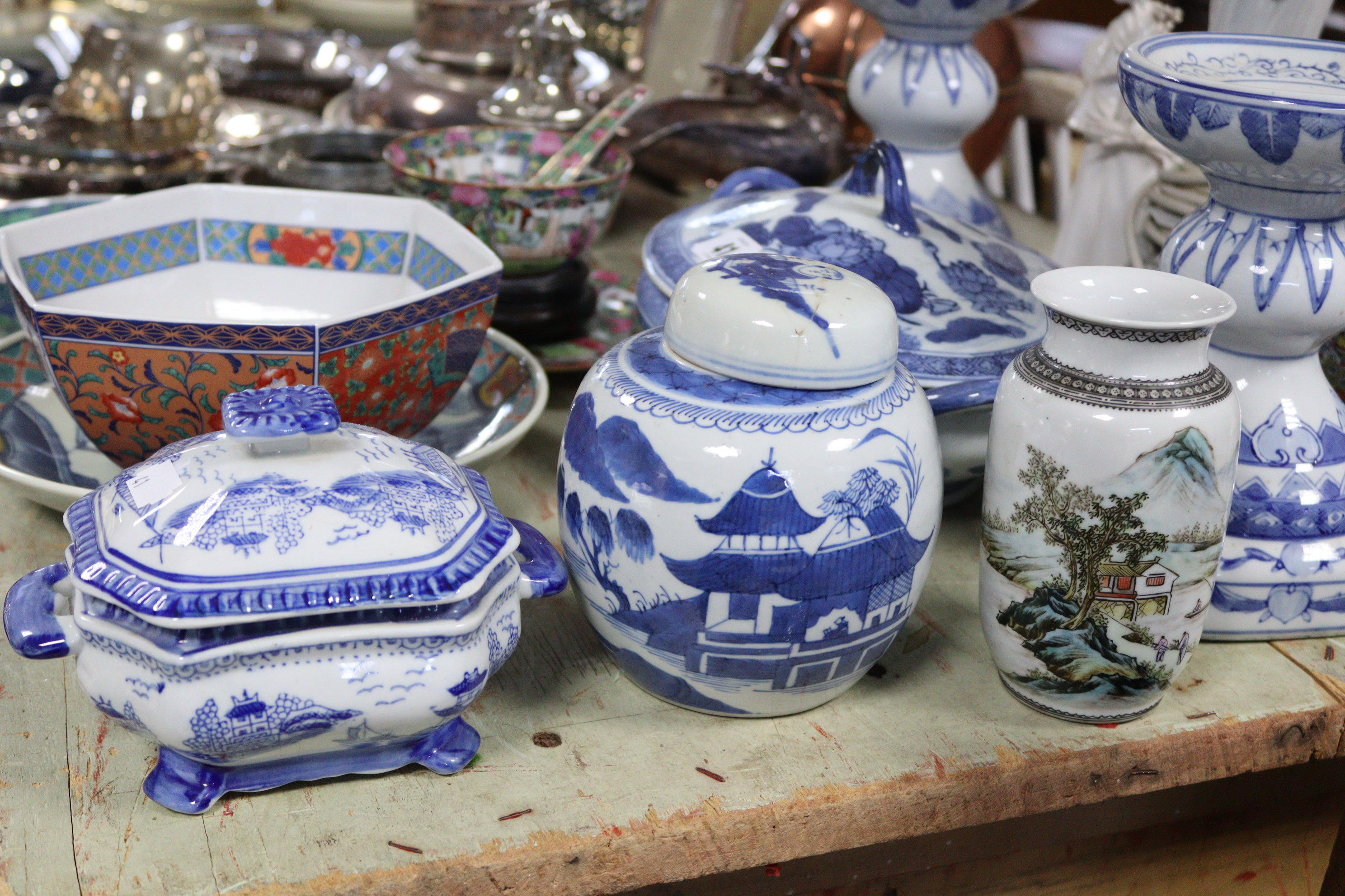 A Chinese pottery oval two-handled vegetable tureen with blue & white floral decoration, 10” wide; a - Image 2 of 16