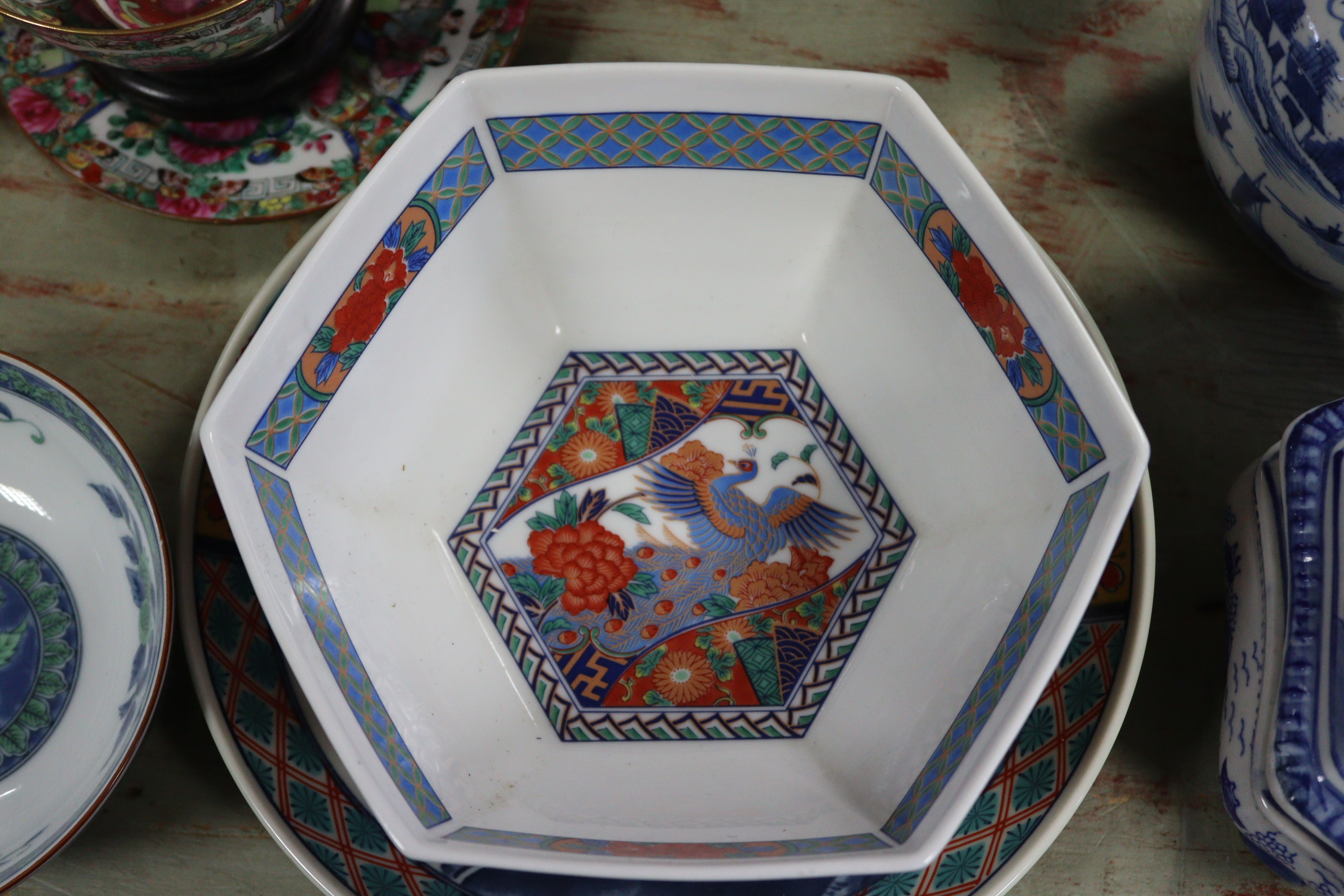 A Chinese pottery oval two-handled vegetable tureen with blue & white floral decoration, 10” wide; a - Image 9 of 16