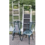 A pair of green painted aluminium patio chairs; together with two ladders; & a galvanised-metal