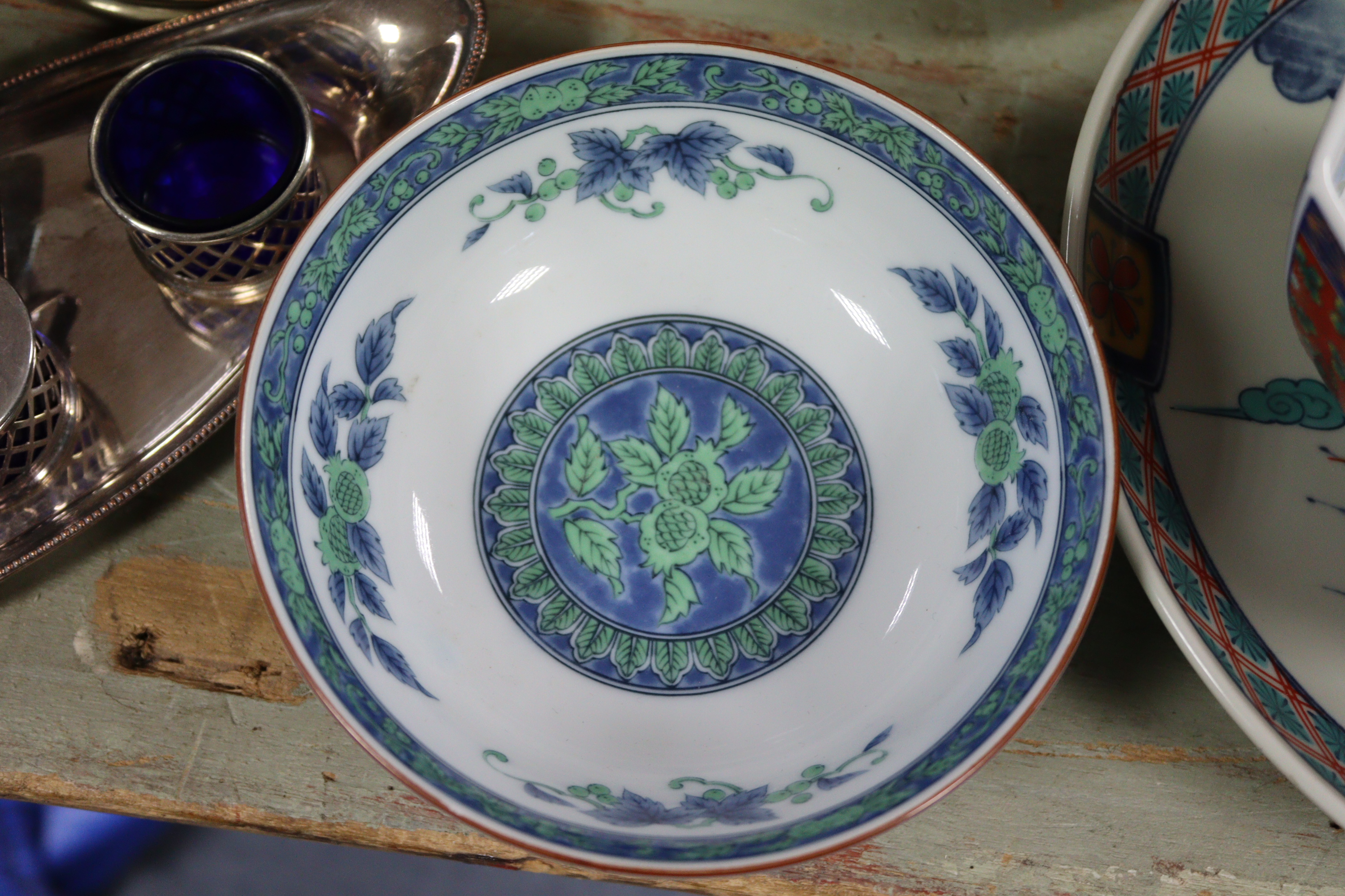 A Chinese pottery oval two-handled vegetable tureen with blue & white floral decoration, 10” wide; a - Image 12 of 16