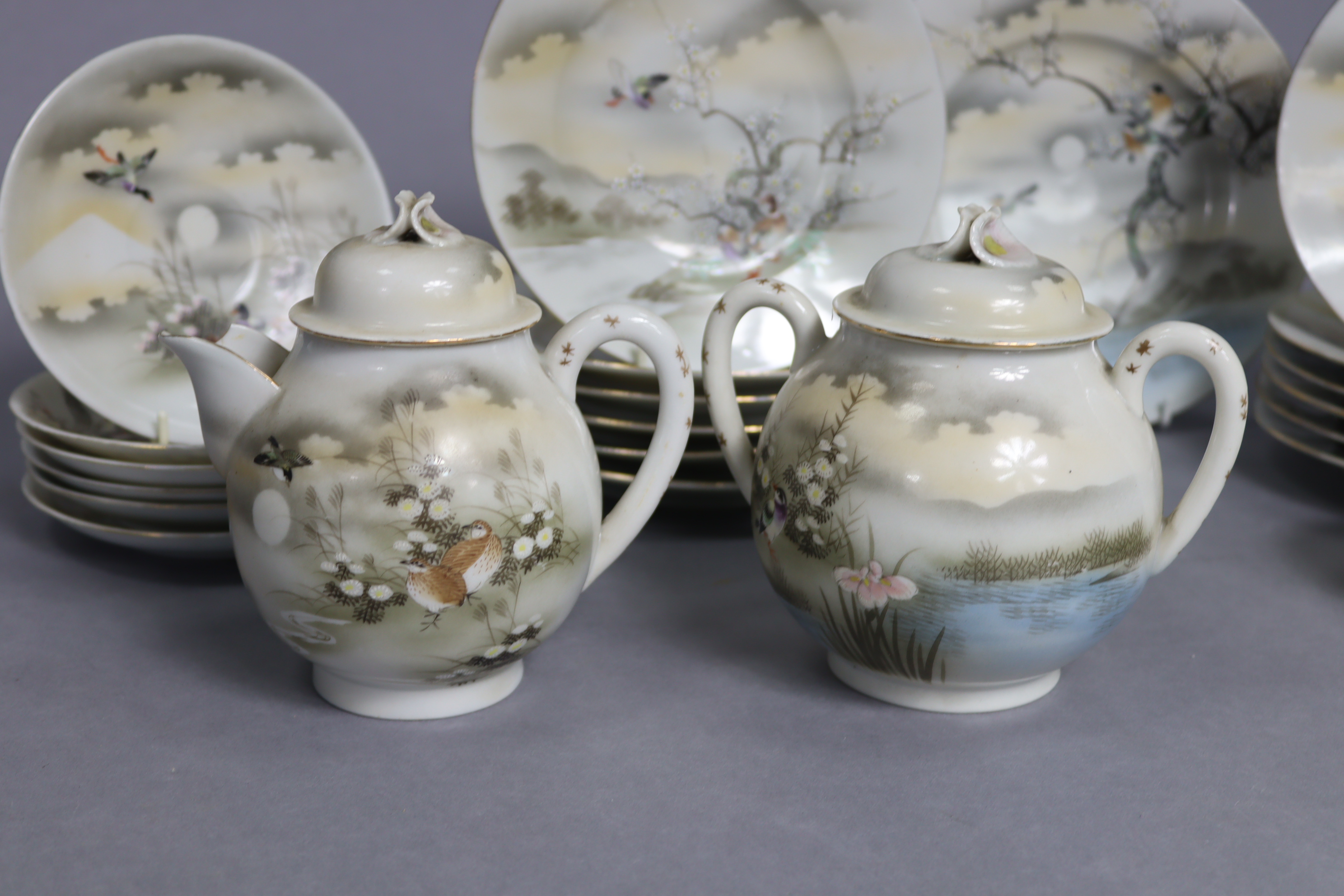 A Japanese egg-shell twenty-eight piece part tea service of white ground, & with multi-coloured - Image 8 of 12