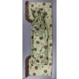 A pair of lined & inter-lined pale green satin curtains with repeating mauve floral design, 90” drop