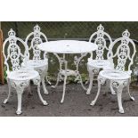 (LATE ADDITION) A white painted cast-iron garden table & matching set of four chairs; table: 31.5"