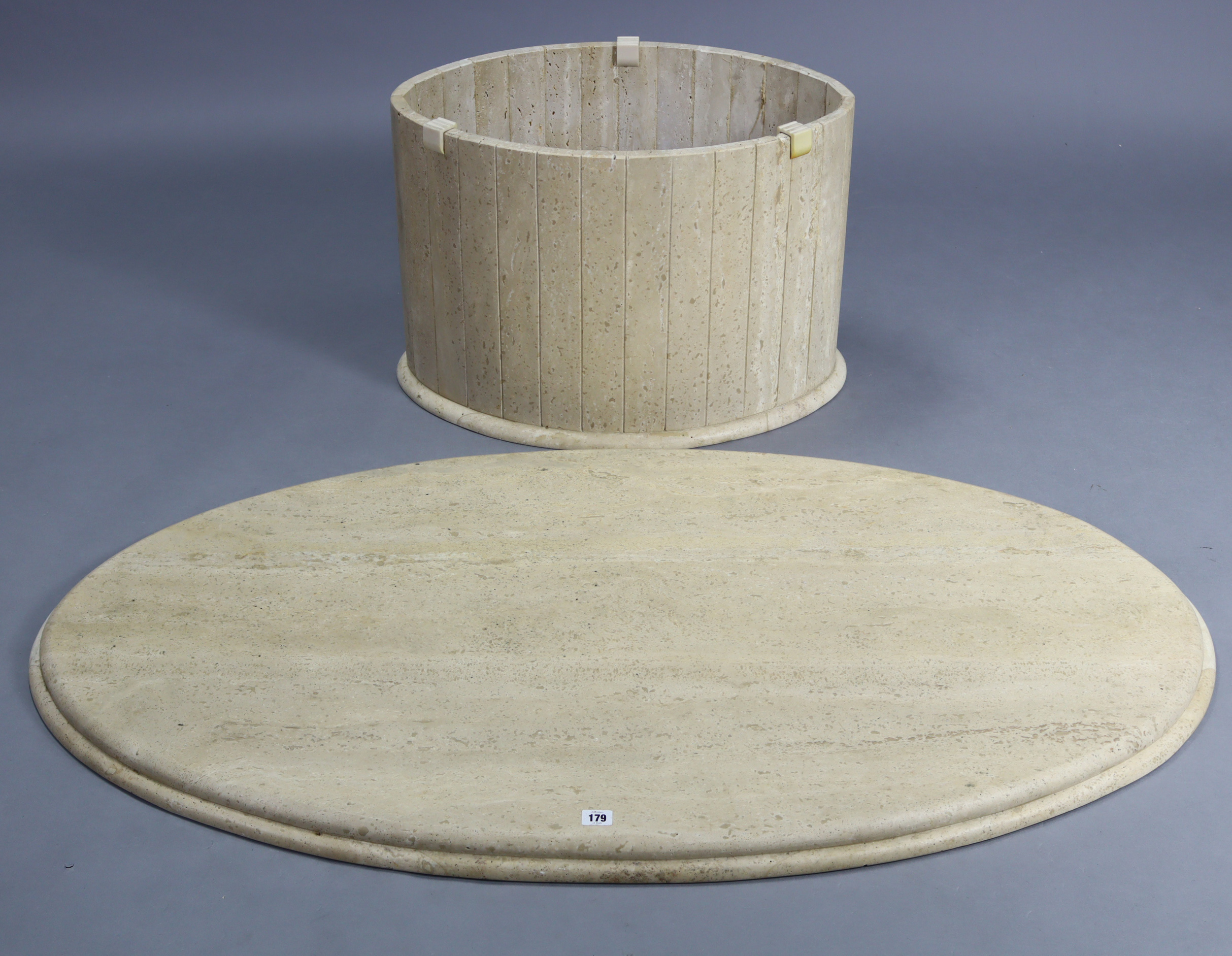A contemporary cream marble low coffee table with oval top, & on an oval pedestal base, 53” wide x - Image 2 of 3