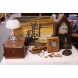 Two mantel clocks, one w.a.f.; two lamps; a modern oil painting, etc.