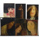 Six small oil paintings on board – female figure studies, some signed indistinctly.