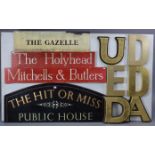 A painted wooden sign “THE HIT OR MISS PUBLIC HOUSE”, 48” x 18½”; together with three other signs; &