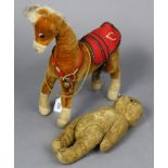 A mid-20th century Merrythought plush-covered horse soft toy, 14½” tall; & a golden plush teddy