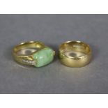 A 9ct. gold ring set oblong jade; & a 9ct. gold plain wedding band.