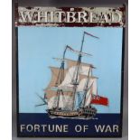 A painted aluminium double-sided Whitbread’s Inn sign “FORTUNE OF WAR”, 52½” x 42”.