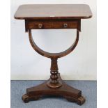 A 19TH CENTURY ROSEWOOD WORK TABLE with rectangular top, fitted frieze drawer, & on a turned