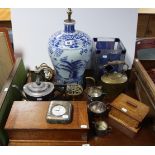 A blue & white floral decorated china table lamp; two wooden trinket boxes; three decorative