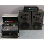 A Peavey “PV-8.5C” professional stereo power amplifier; a Numark “Mac 50” mixing unit; & a pair of