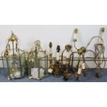 Various brass light fittings, including two hall lanterns, various lamps, & picture lights.