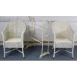 A pair of white painted loom basket chairs; & a white painted wooden towel-horse, 25¾” wide.