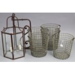 A metal-frame pendant hall lantern of six-sided form, 14½” wide x 25½” high with bracket; & five