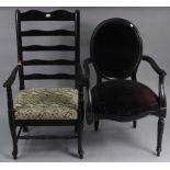 A black painted wooden ladder-back carver chair with padded seat, & on turned legs with spindle