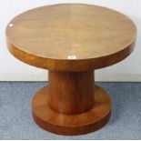 An art deco walnut occasional table with circular top, on a cylindrical centre column & a round