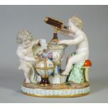 A Meissen porcelain figure group emblematic of astronomy, with two putti – one looking through a